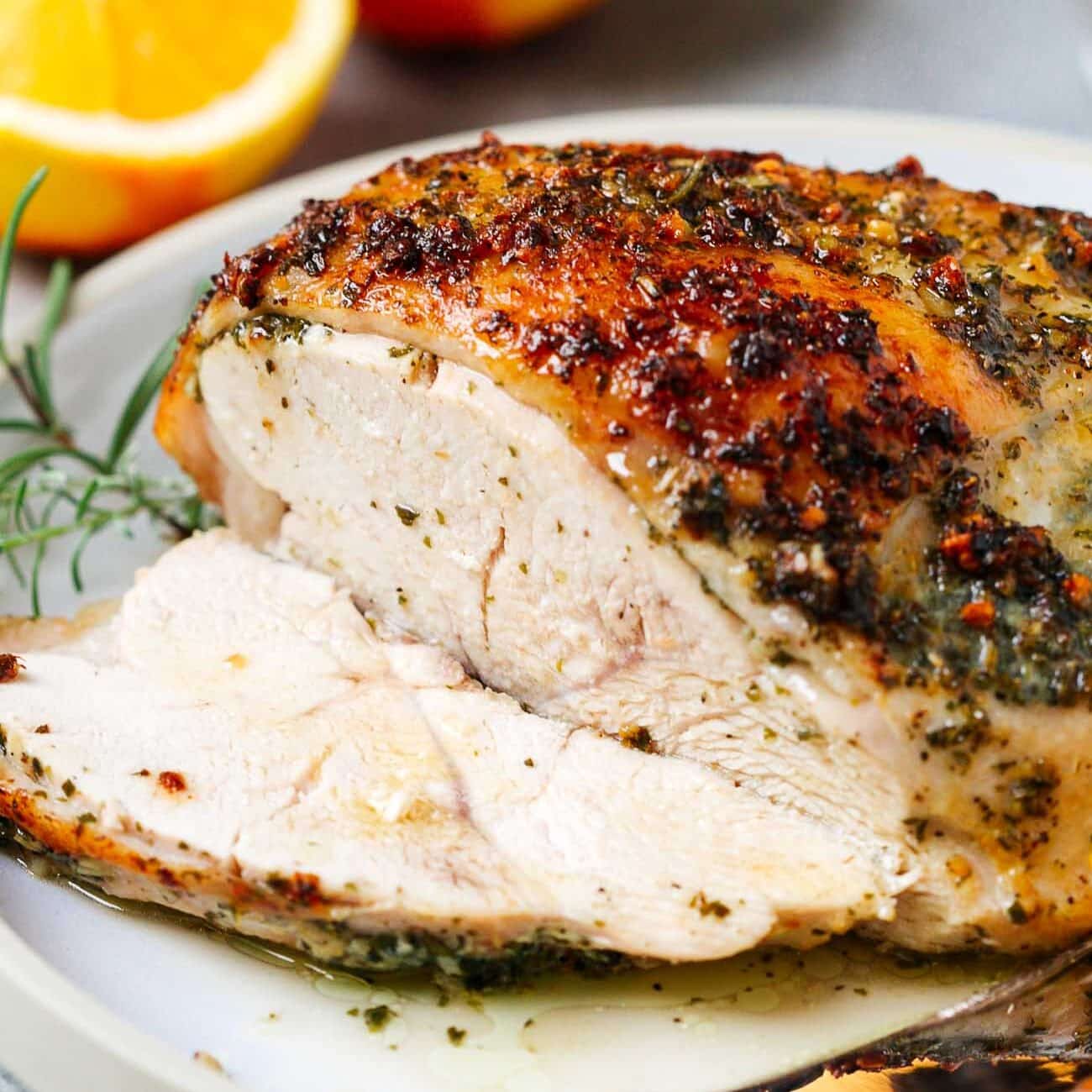 Thanksgiving Dinner Menu - closeup of garlic butter turkey breast