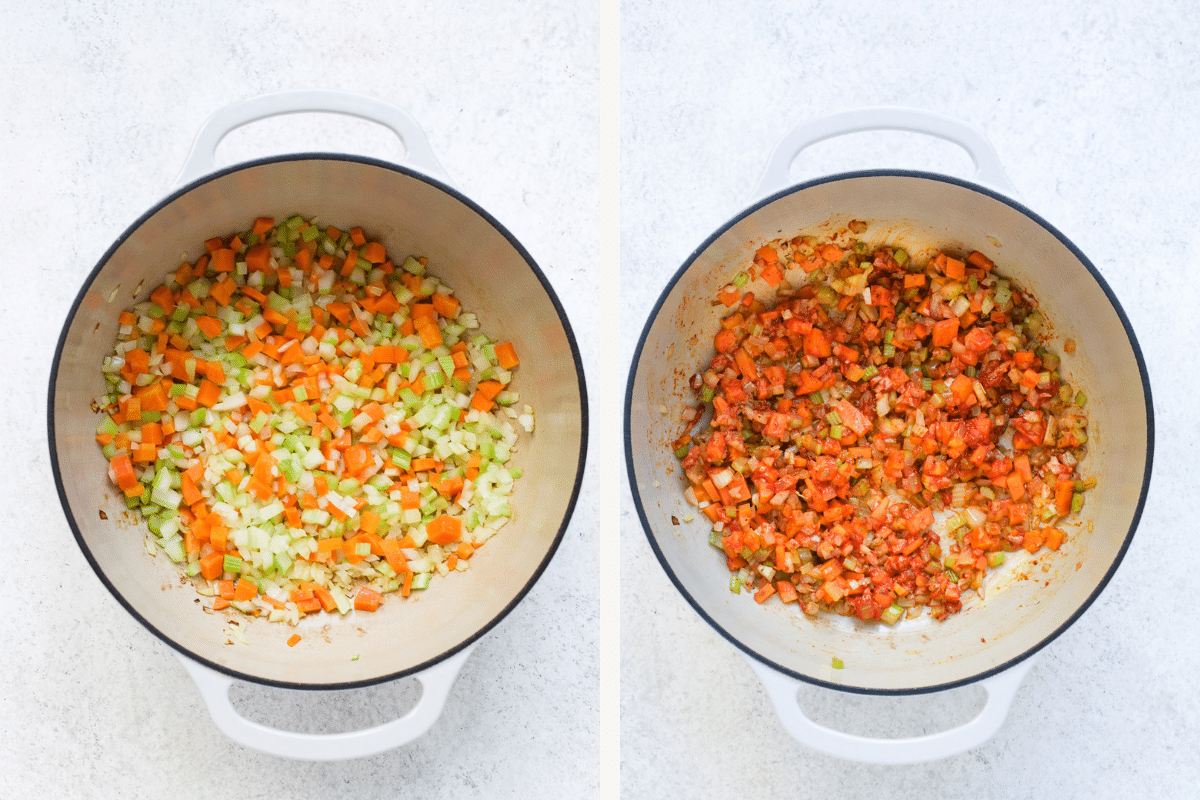 Left: diced vegetables in a Dutch oven. Right: Tomato paste and seasonings added. 