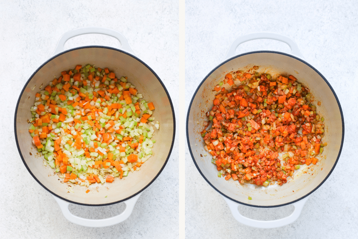 Left: diced vegetables in a Dutch oven. Right: Tomato paste and seasonings added.