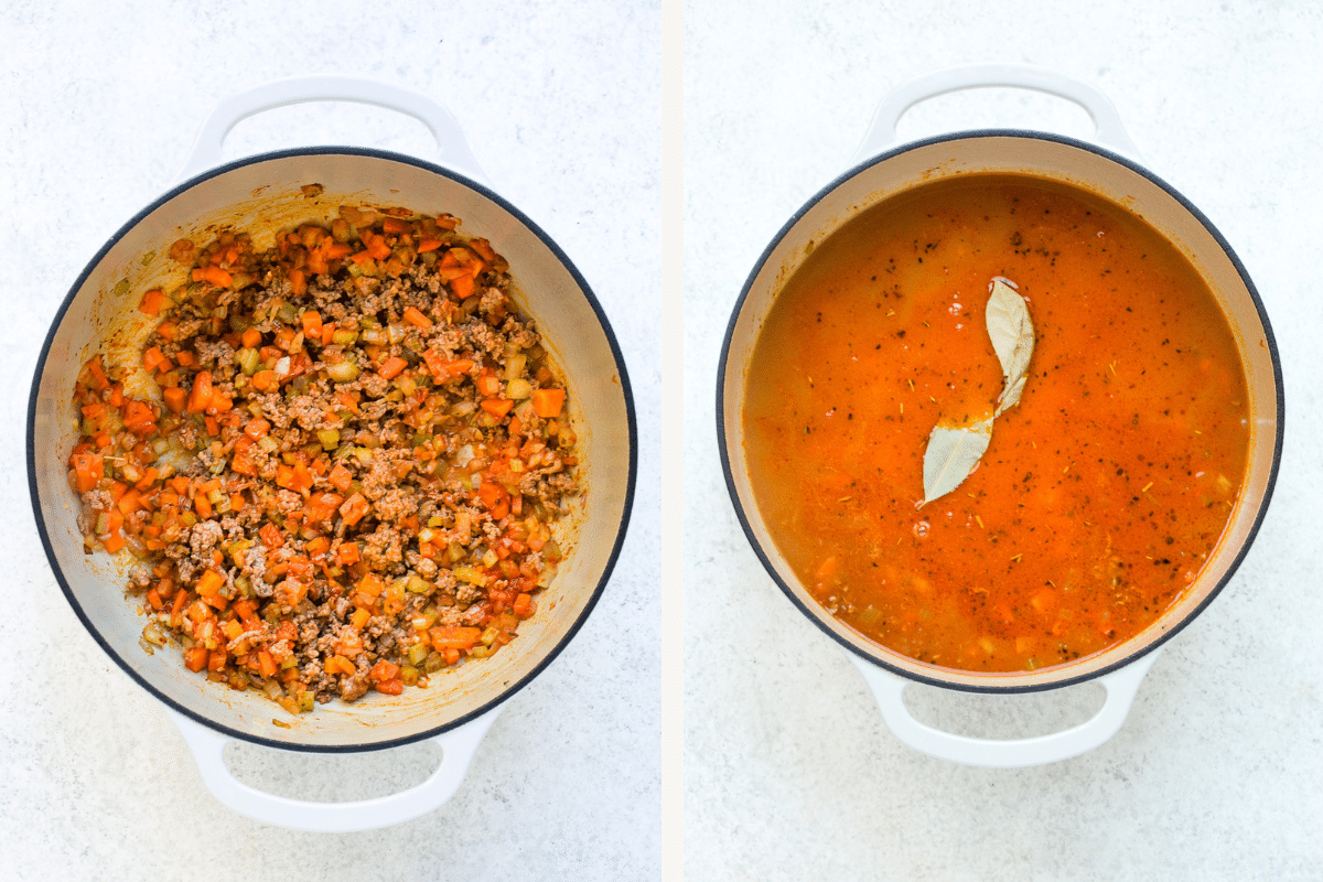 Left: meat added to Dutch oven. Right: broth and bay leaf added to Dutch oven. 