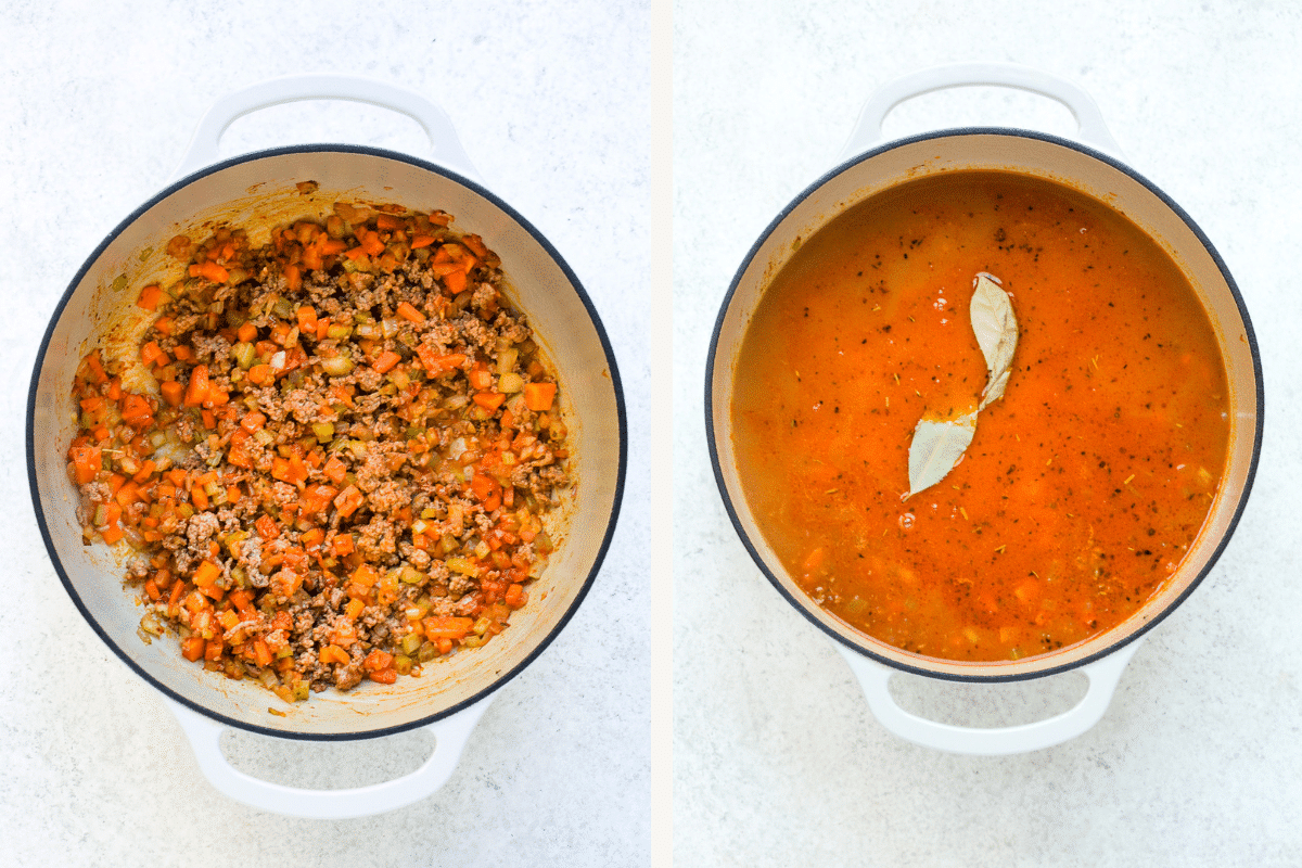 Left: meat added to Dutch oven. Right: broth and bay leaf added to Dutch oven.