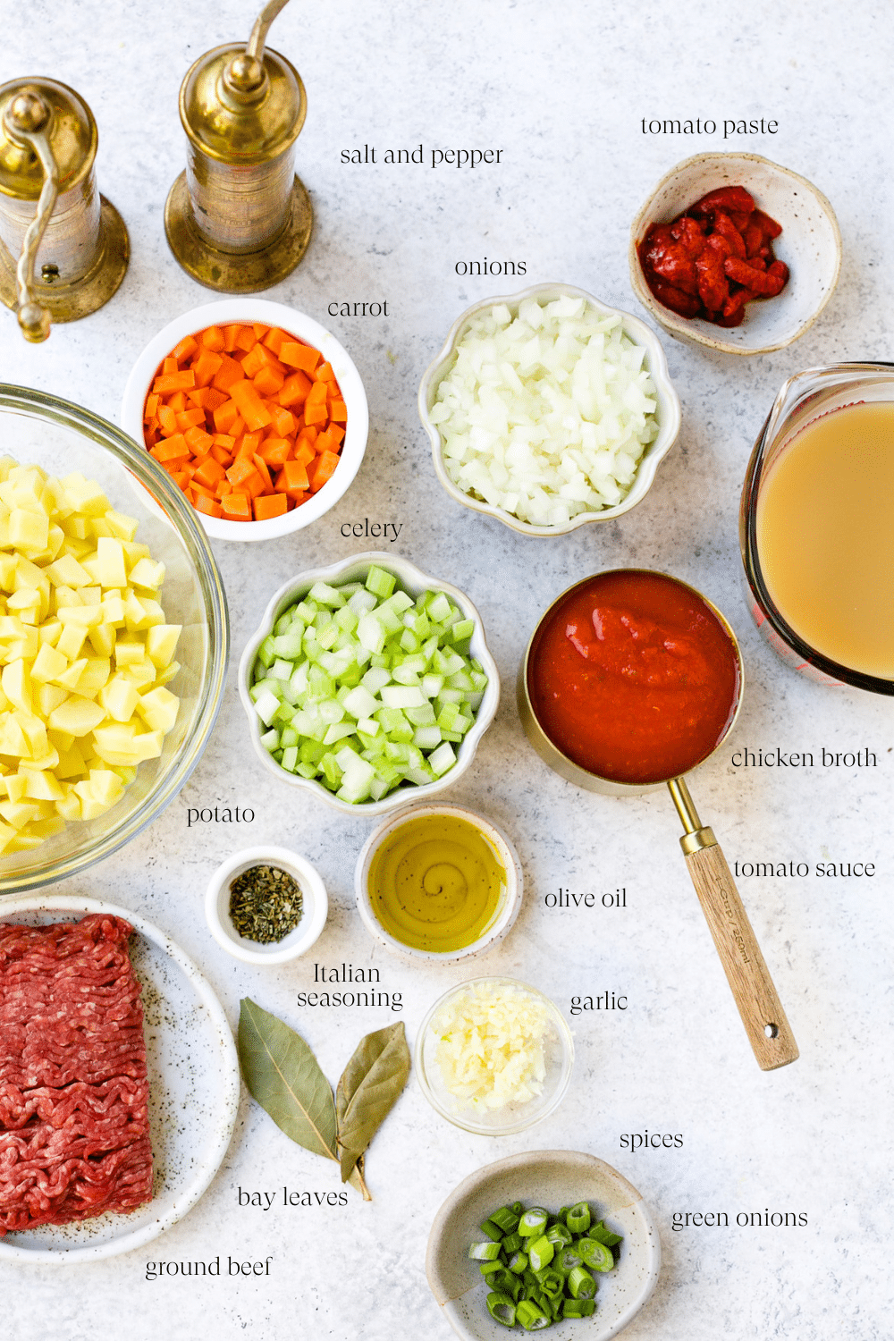 Pre-measured ingredients for hamburger soup. 