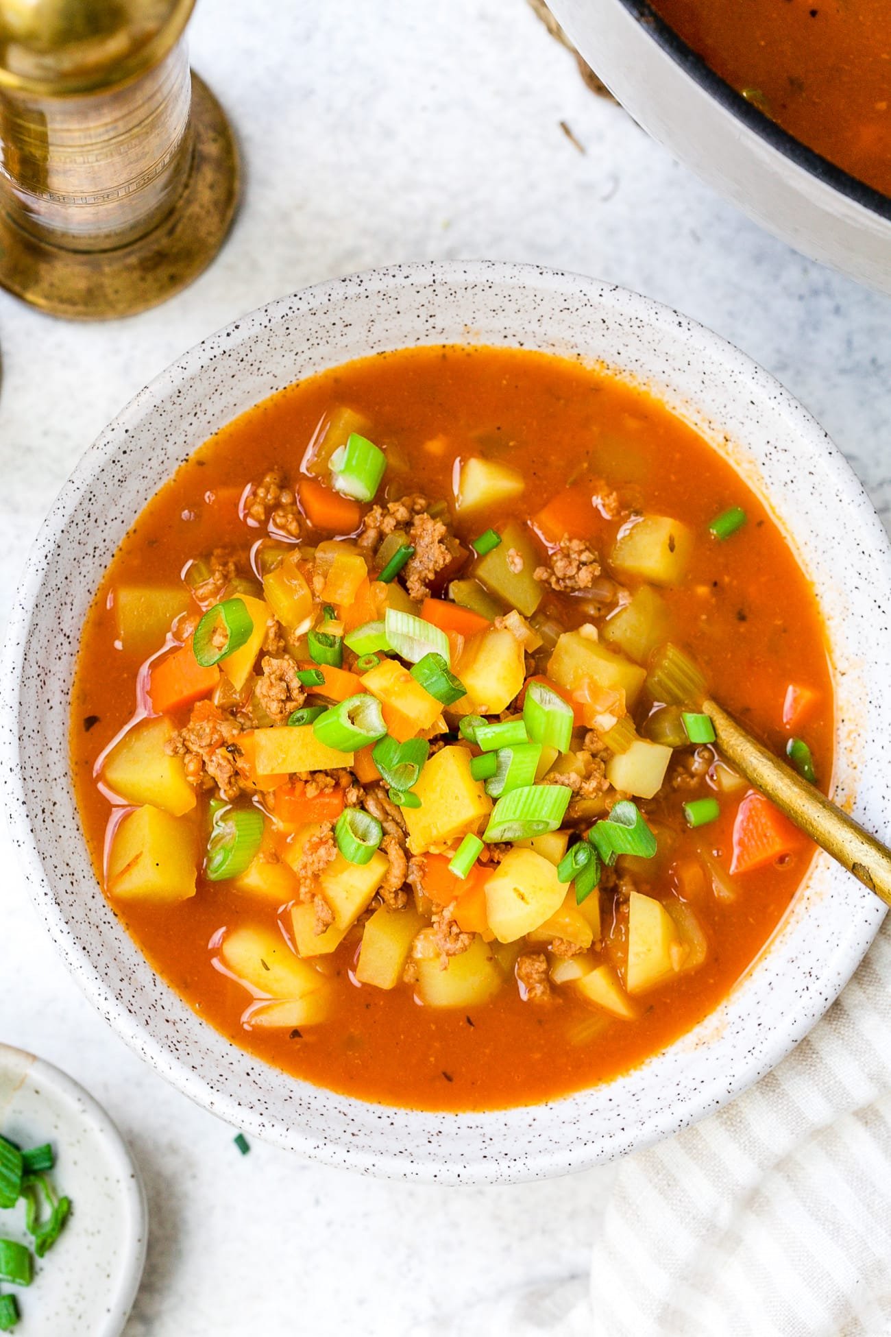 A bowl of Hamburger Soup garnished with sliced green onion. 