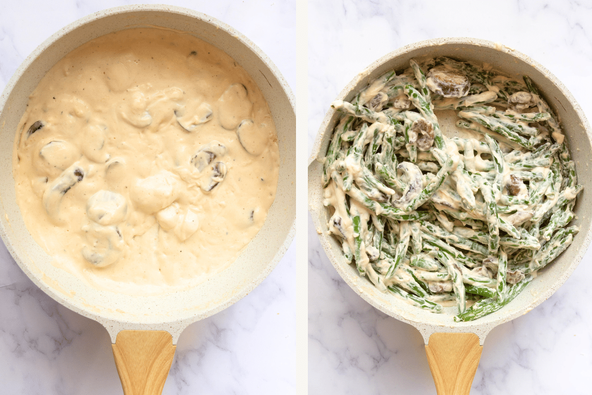 right: mushroom with heavy creamy in a skillet. Left: mushroom mixture with green beans