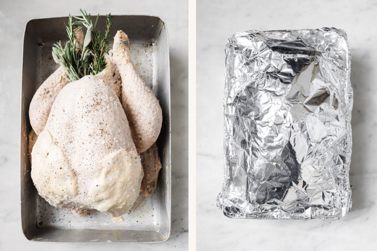 Left: butter added to turkey in roasting pan. Right: roasting pan covered with foil. 