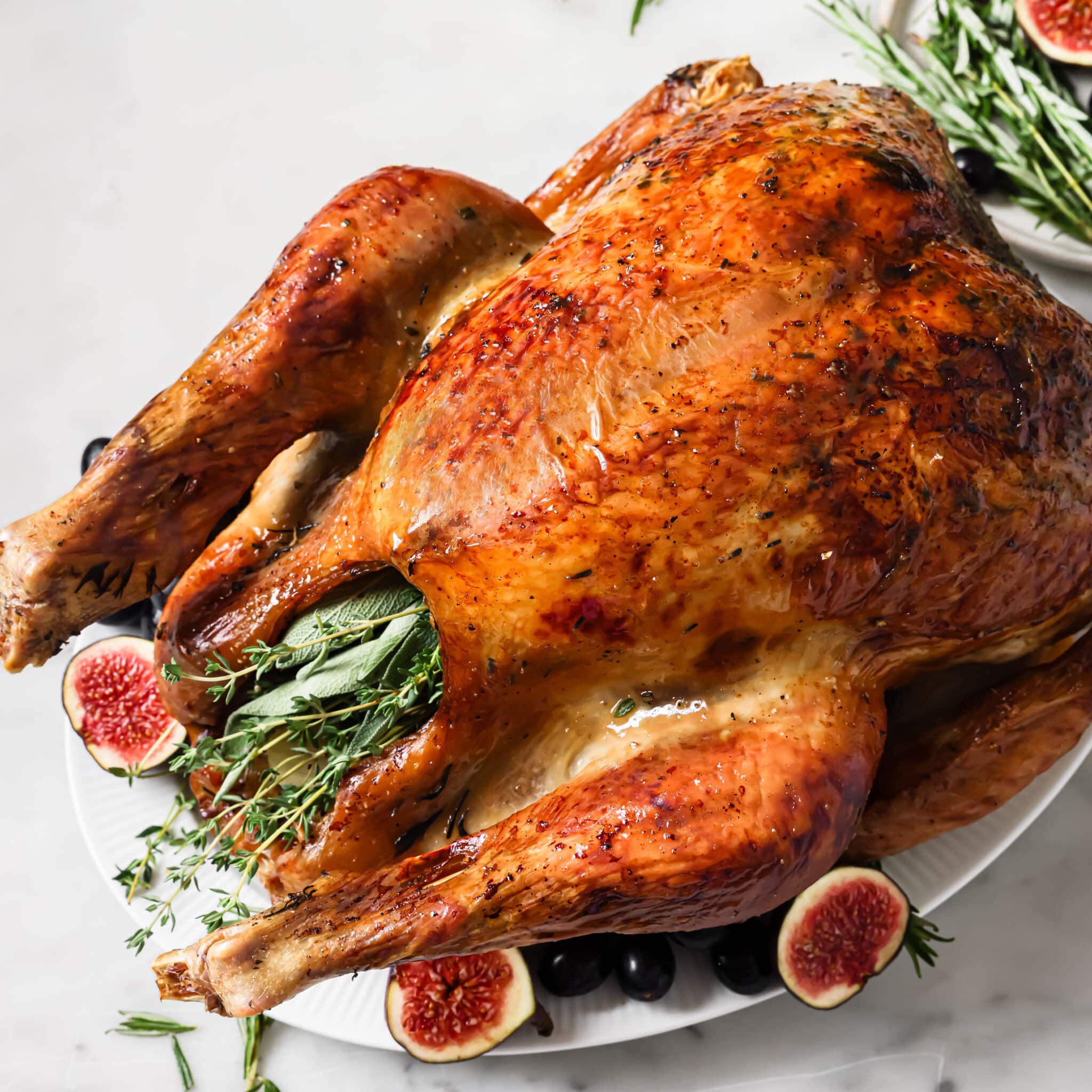 Roasted Turkey on a serving platter. 