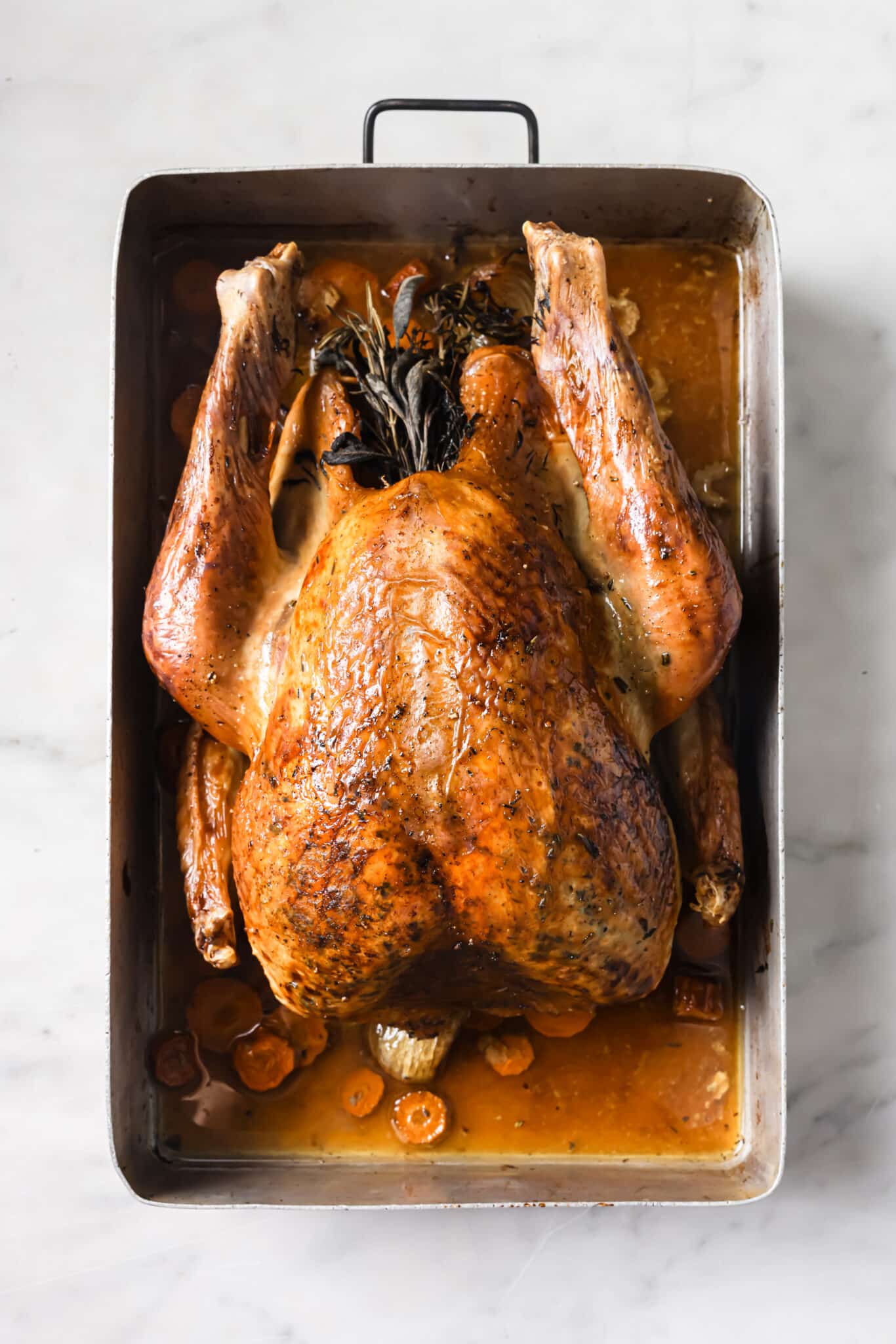 roasted turkey in roasting pan. 