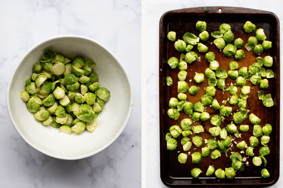 right: raw brussel sprouts in a white bowl. Left: roasted brussel sprouts on a baking sheet.