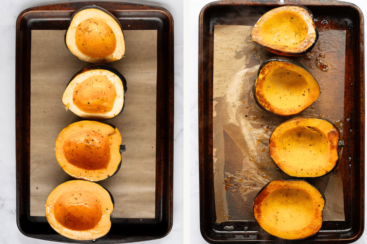 Left: Seasoned acorn squash on a baking sheet. Right: Roasted acorn squash. 