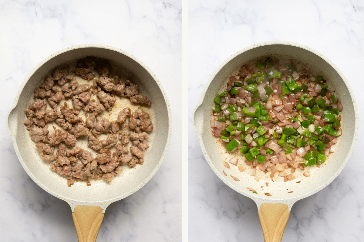 Left: Sausage cooking in a skillet. Right: Onions and peppers added to the skillet.
