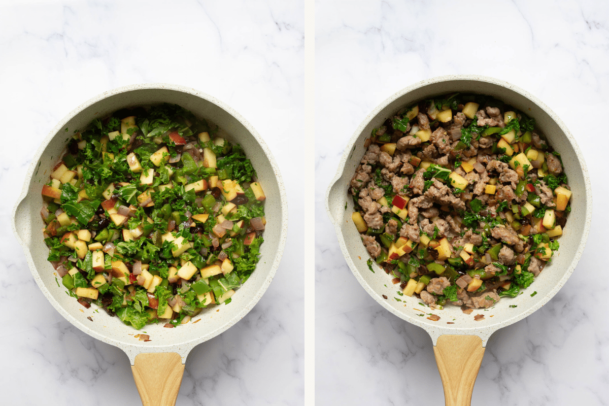 Left: Apple, kale, and cranberries added to the skillet. Right: Sausage added to the skillet. 