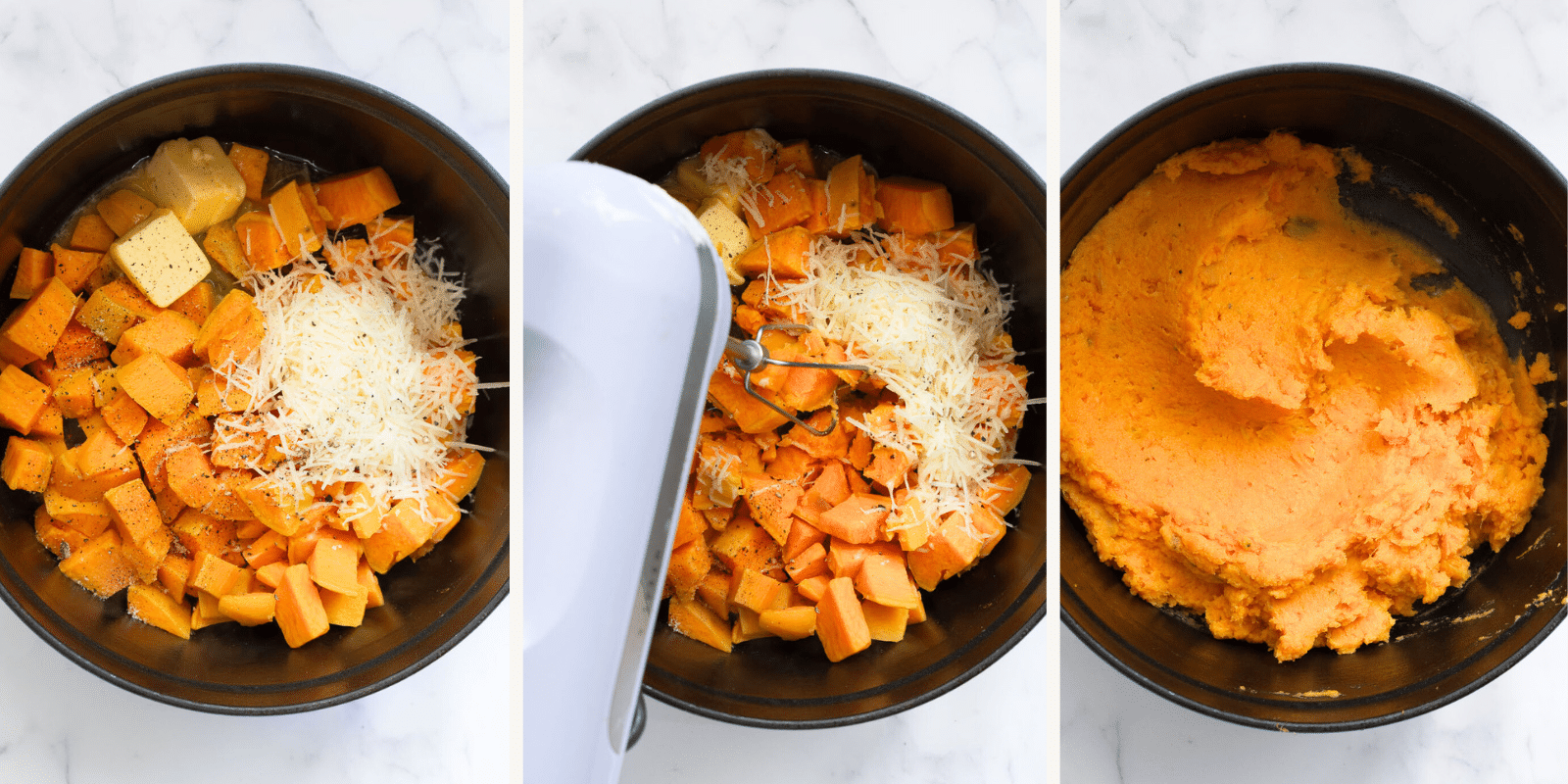 Left: All ingredients in a bowl. Middle: Mixing with a hand mixer. Right: mashed sweet potatoes. 