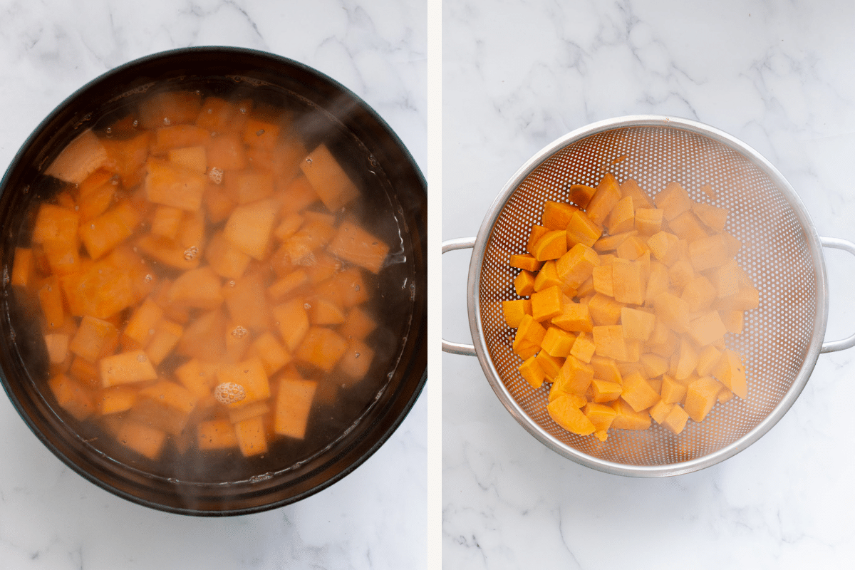 Left: diced sweet potatoes in a pot. Right: sweet potatoes in a colander.
