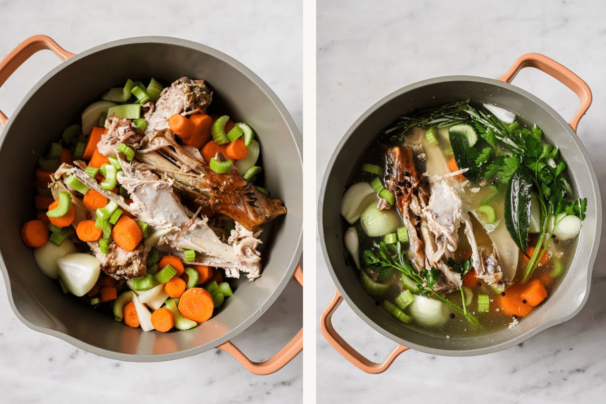 Left: Turkey broth ingredients in a pot. Right: Water added to the pot. 