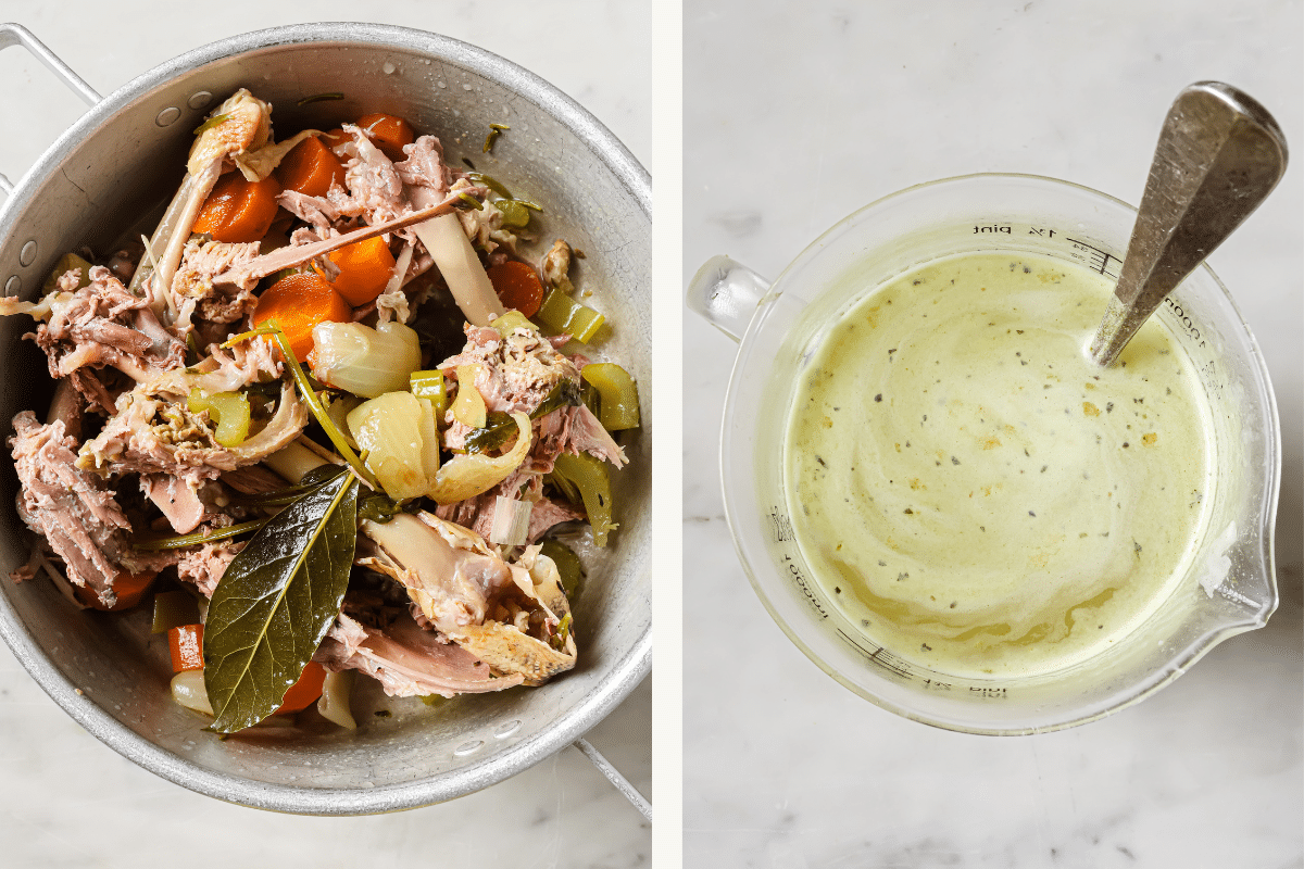 Left: Strained turkey broth solids in a pot. Right: Turkey broth in a pitcher. 
