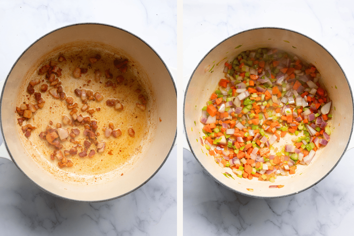 left: pancetta in a pot. right: sauted veggies in a pot. 