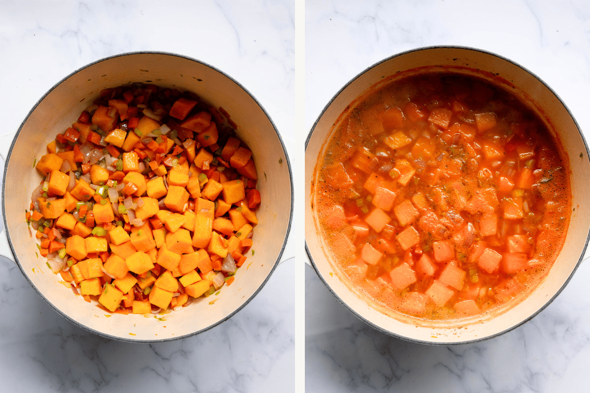 left: sauted veggies with diced butternut squash in a pot. right: veggies with chicken broth in a pot. 
