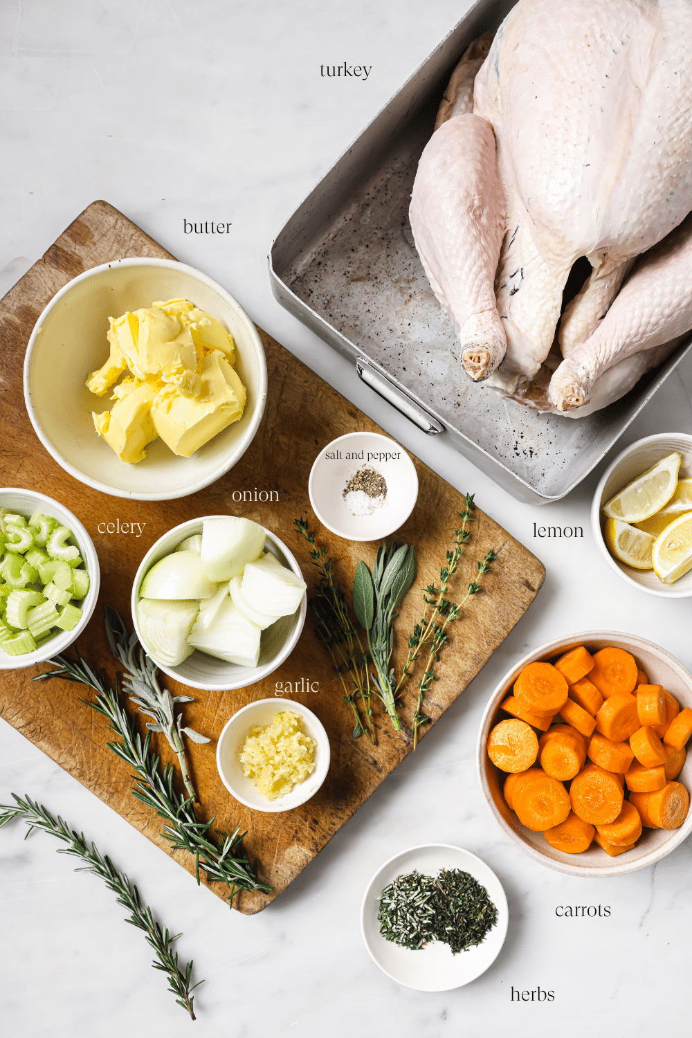 Ingredients for garlic butter roasted turkey.