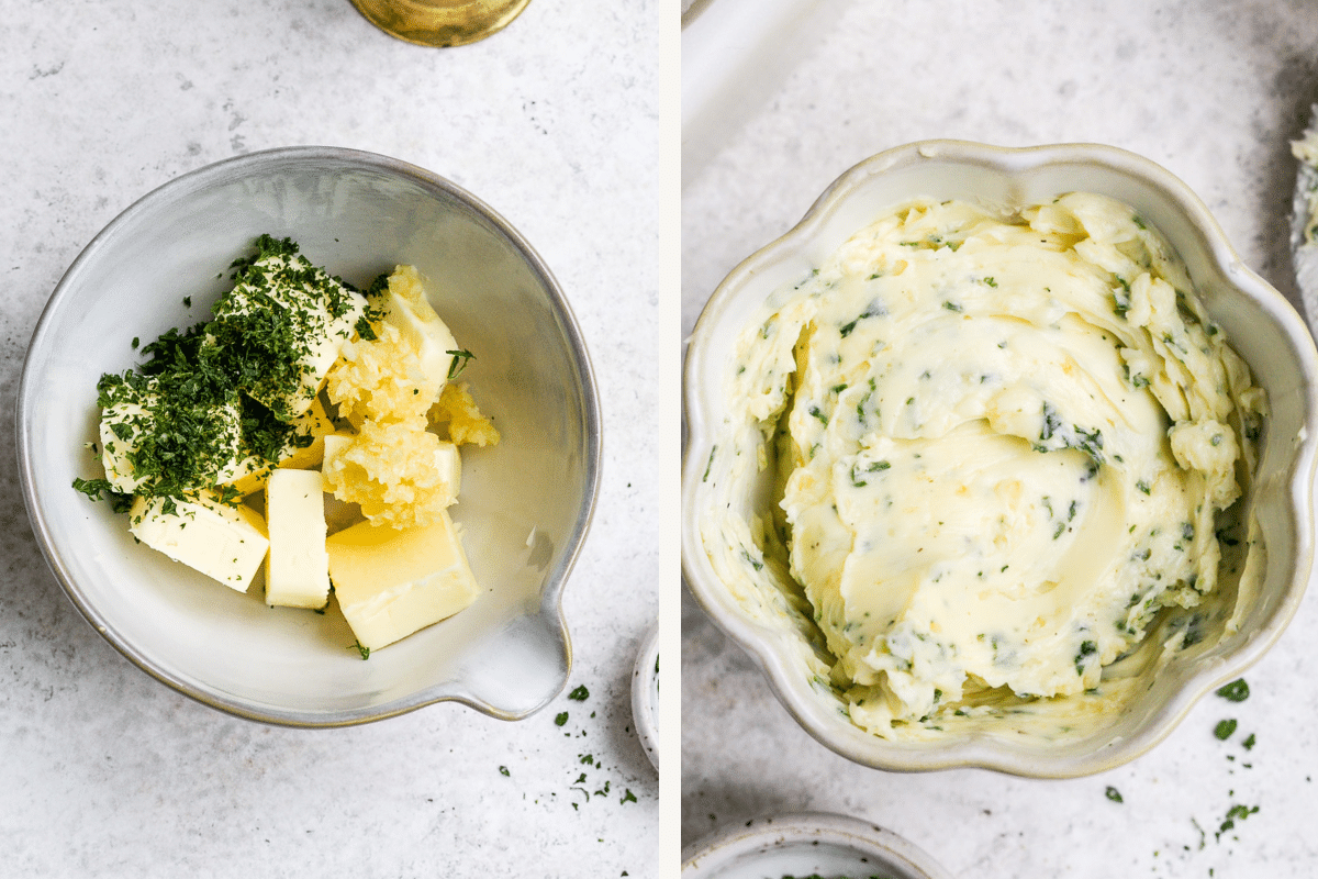 left: ingredients to make garlic butter in a white bowl. right: butter mixure