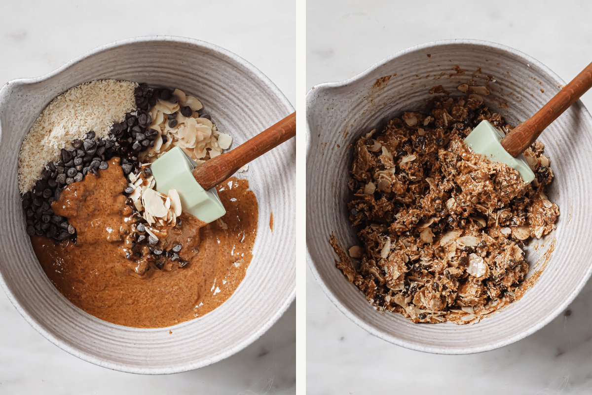 Left: Ingredients in a mixing bowl. Right: Ingredients mixed together. 