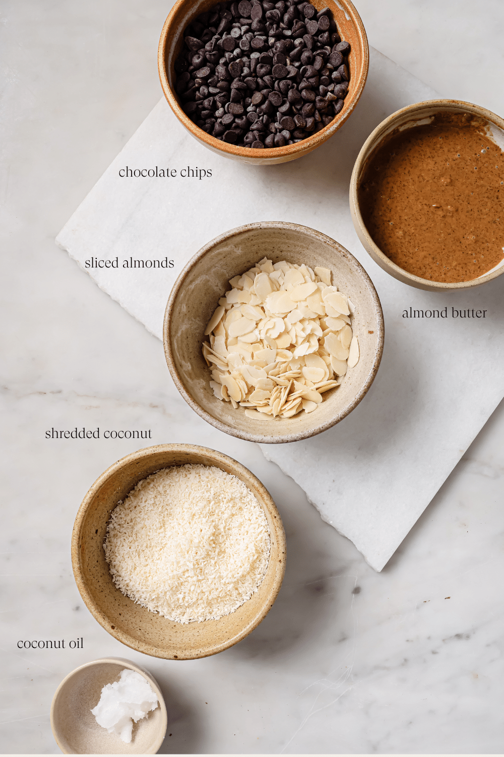 Pre-measured ingredients for Almond Butter Chocolate Truffles. 