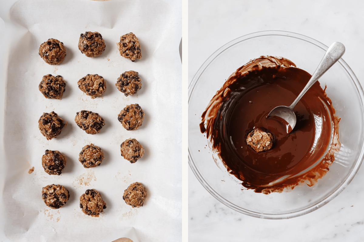 Left: truffle dough rolled into balls. Right: A single truffle in a bowl of chocolate.
