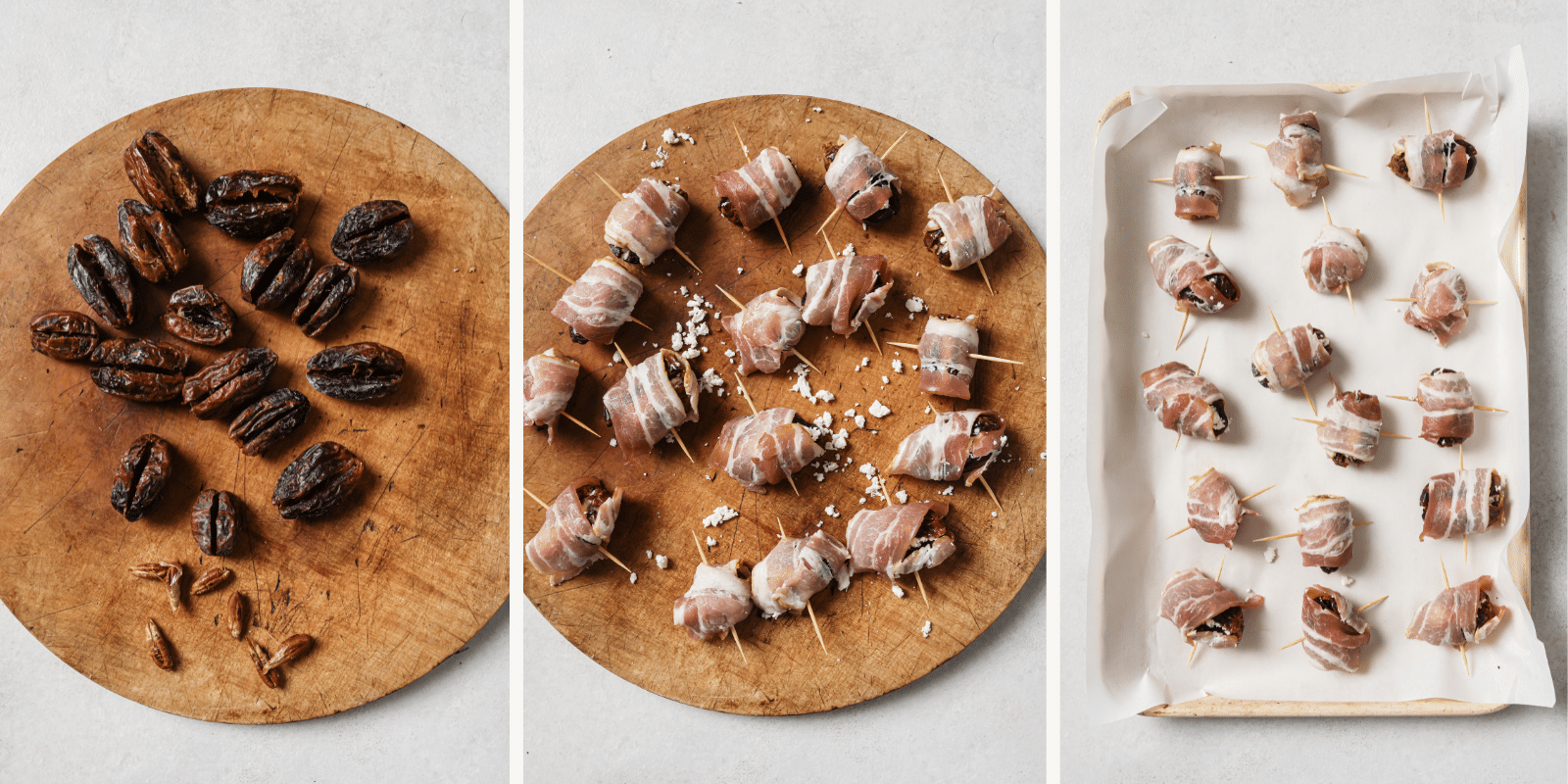 Left: pitted dates. Center: dates stuffed and wrapped in bacon. Right: prepared dates on a baking sheet. 