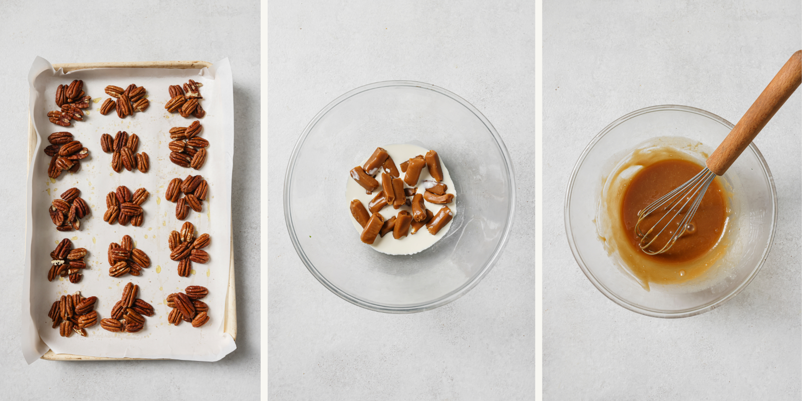 Left: pecan clusters on a baking sheet. Center: caramel candy and cream. Right: melted caramel sauce.