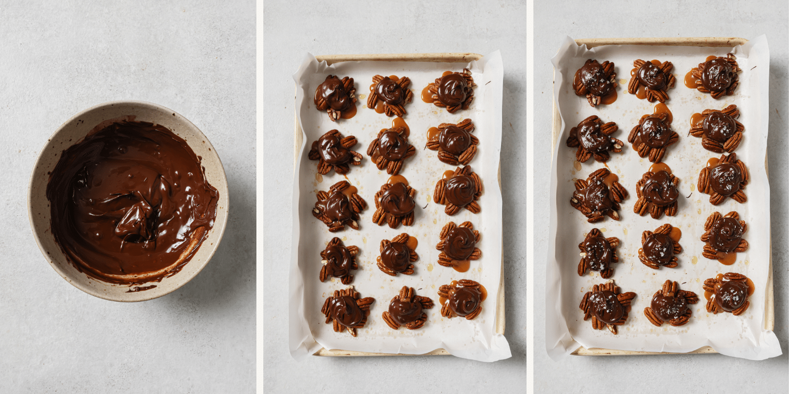 Left: melted chocolate. Center: Chocolate added to pecan and caramel clusters. Right: Coarse salt added on top.