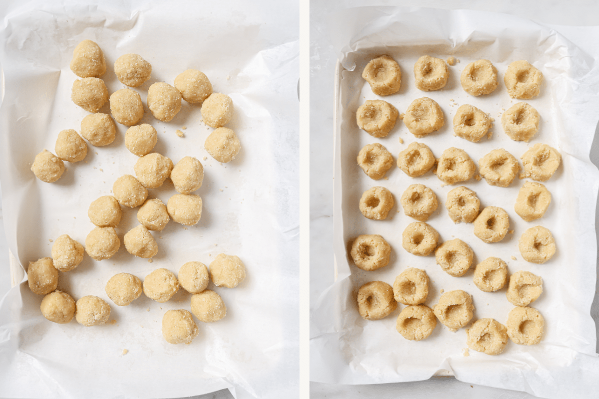 Left: Cookie dough rolled into balls. Right: Cookie dough balls with the thumbprint pressed in. 