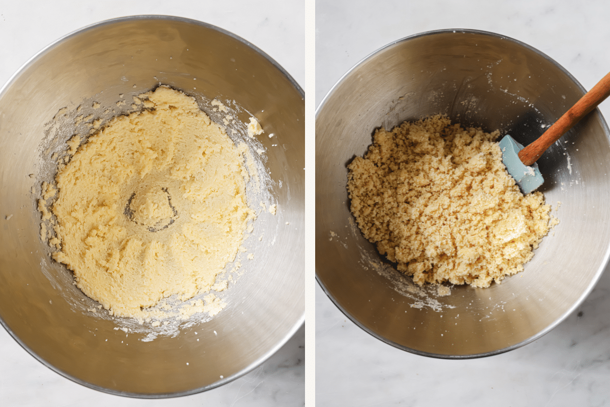Left: Butter and sugar whisked together in a bowl. Right: Cookie dough in a bowl. 