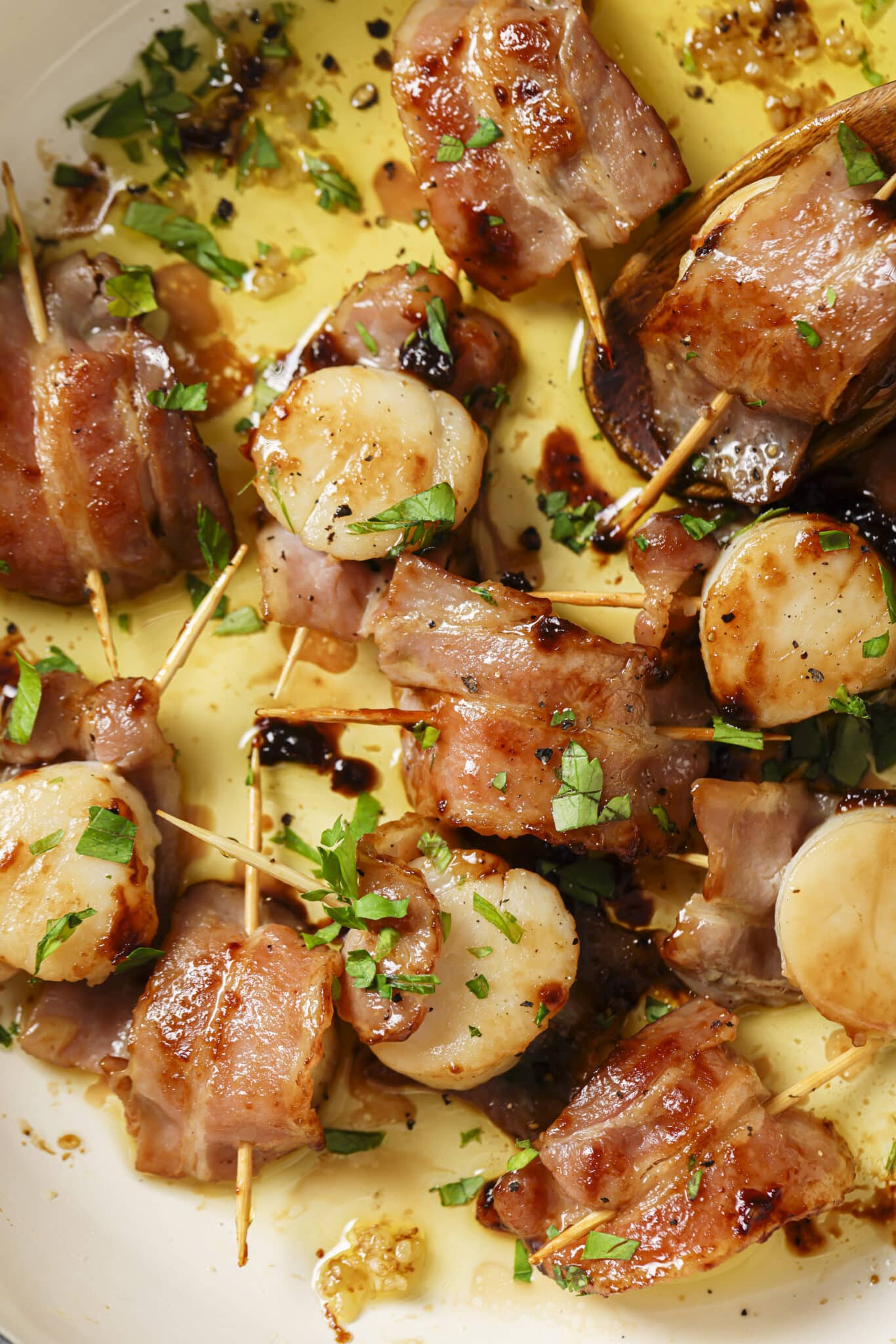 Close up of Bacon Wrapped scallops. 