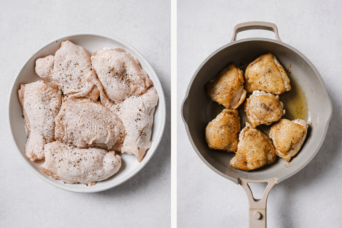 Left: seasoned chicken thighs in a bowl. Right: seared chicken thighs in a skillet.
