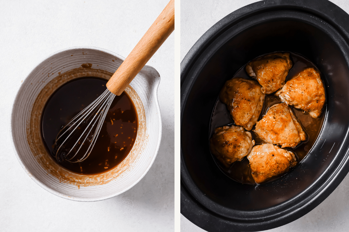 Left: A bowl of sauce with a whisk. Right: chicken thighs and sauce in slow cooker.