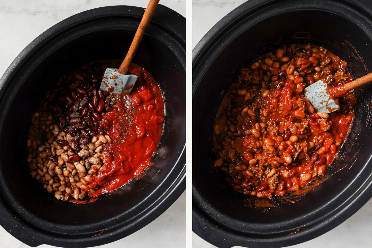 Left: beans and canned tomatoes added to slow cooker. Right: all ingredients mixed together.
