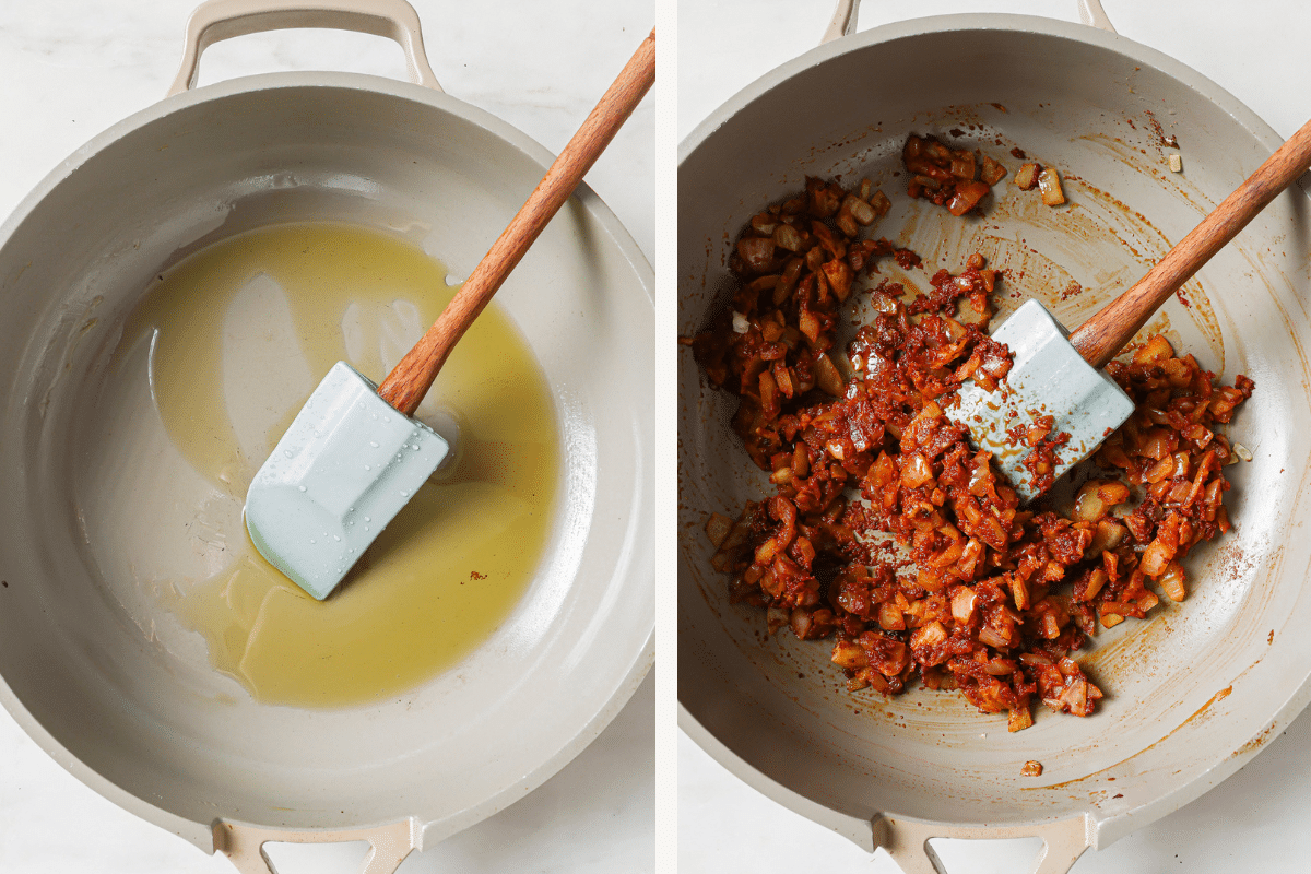 Left: olive oil in a skillet. Right: onions, garlic, and tomato paste added. 