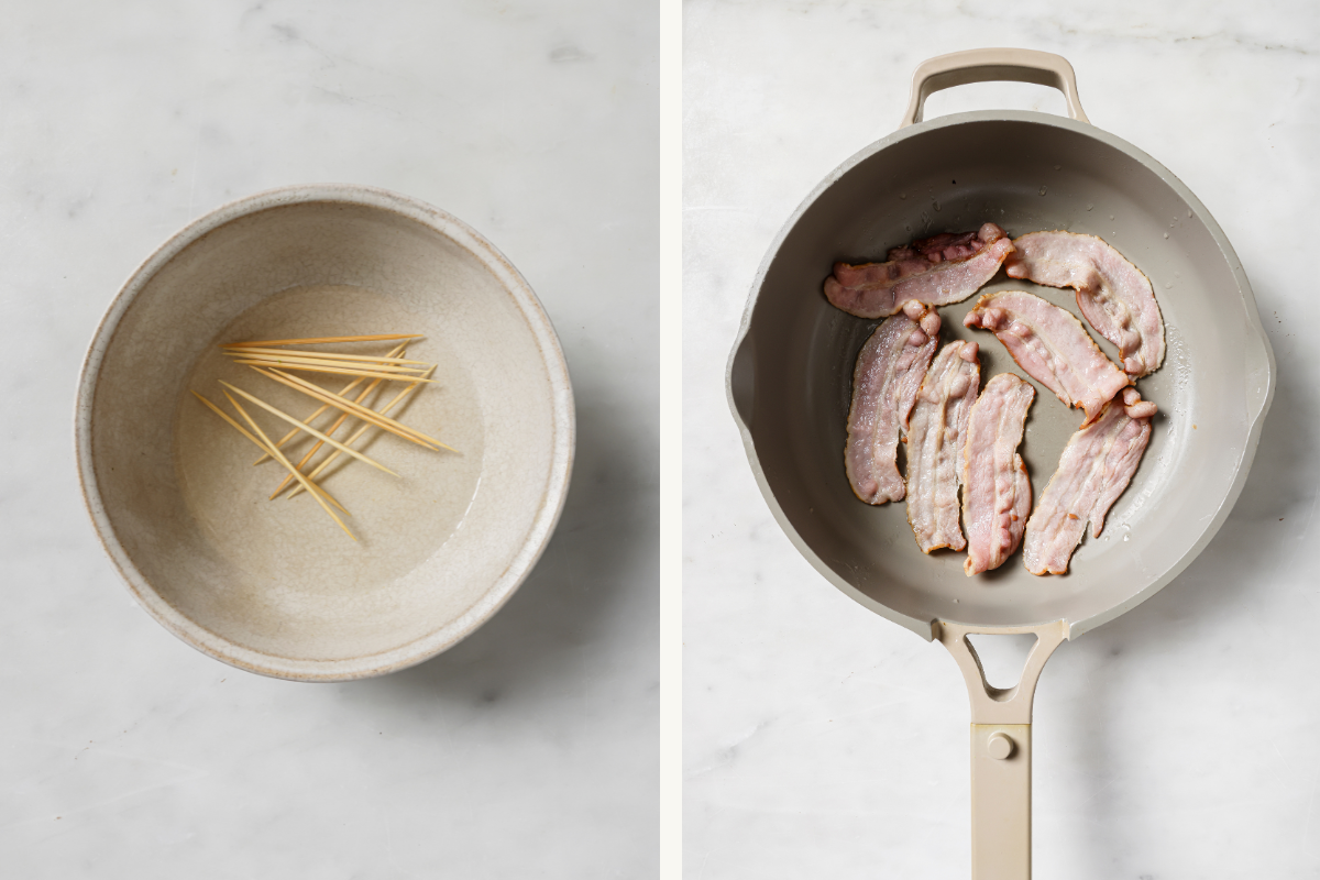 Left: Toothpicks soaking in water. Right: Bacon cooking in a skillet.