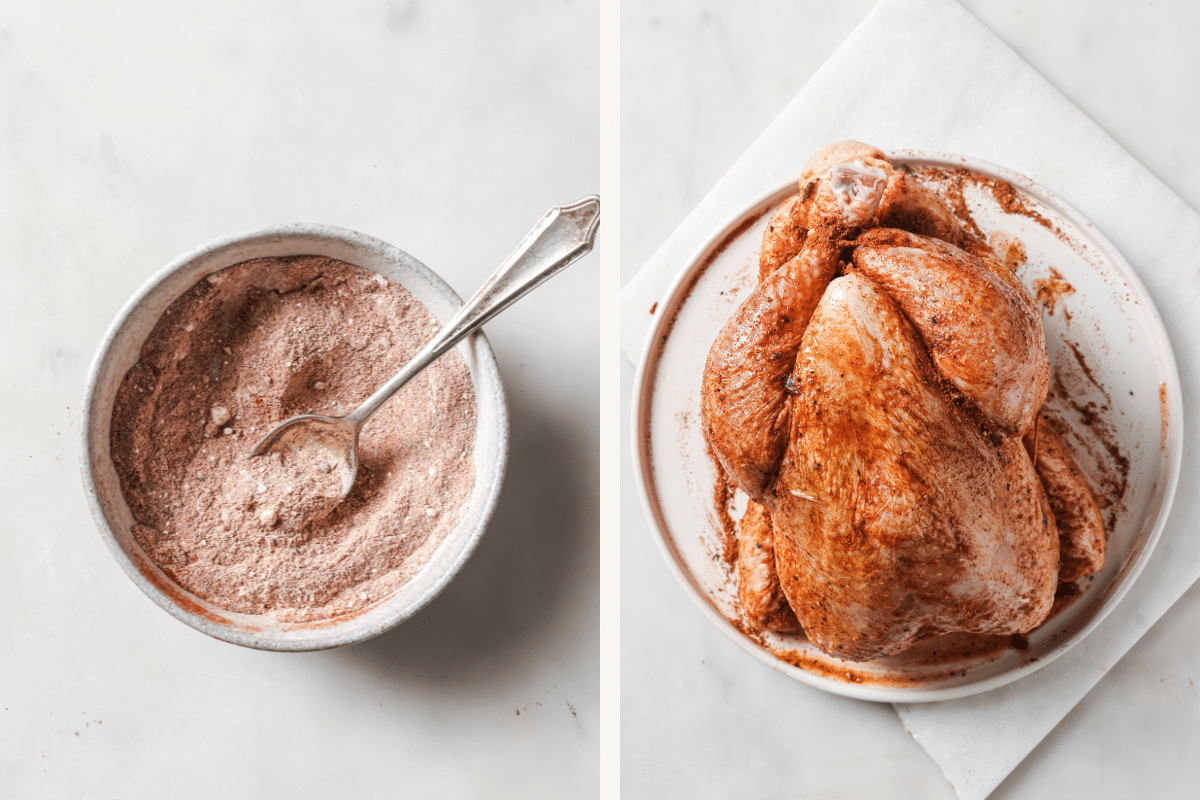 Left: a small bowl of spices. Right: a whole chicken rubbed in spices.