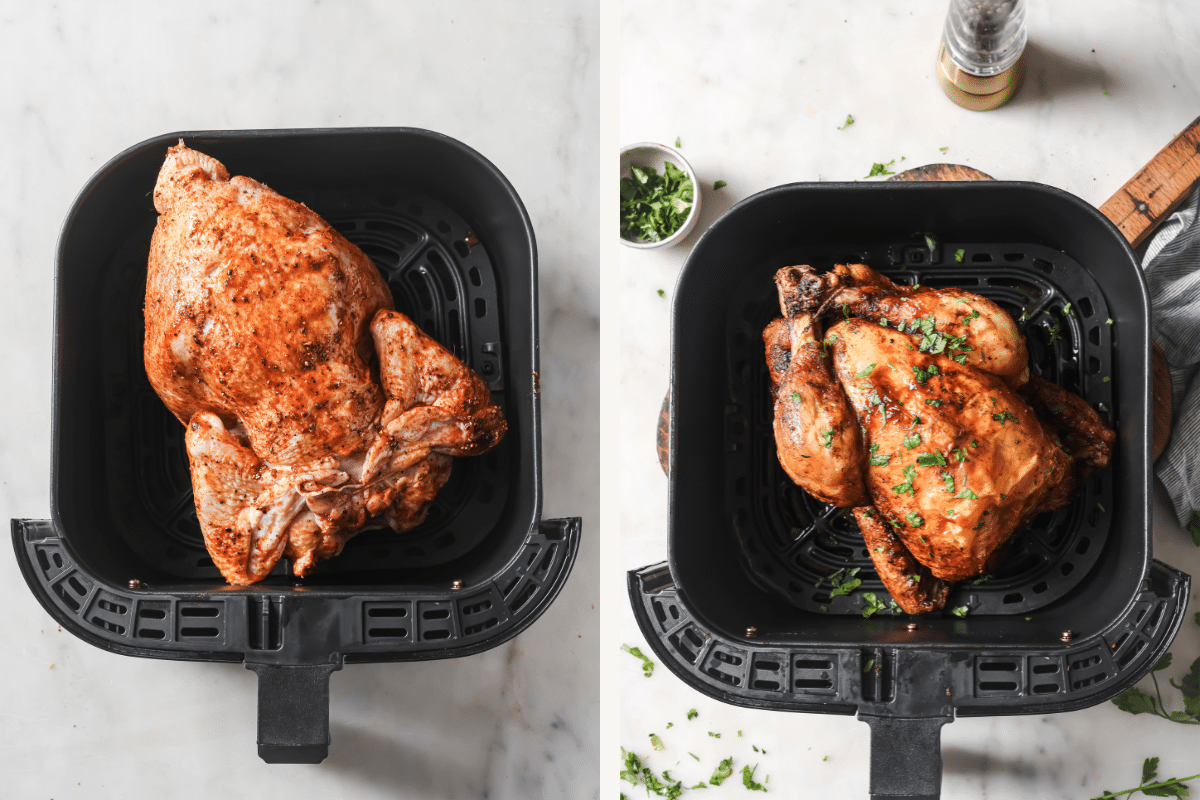 Left: seasoned chicken in the air fryer. Right: cooked chicken in the air fryer.