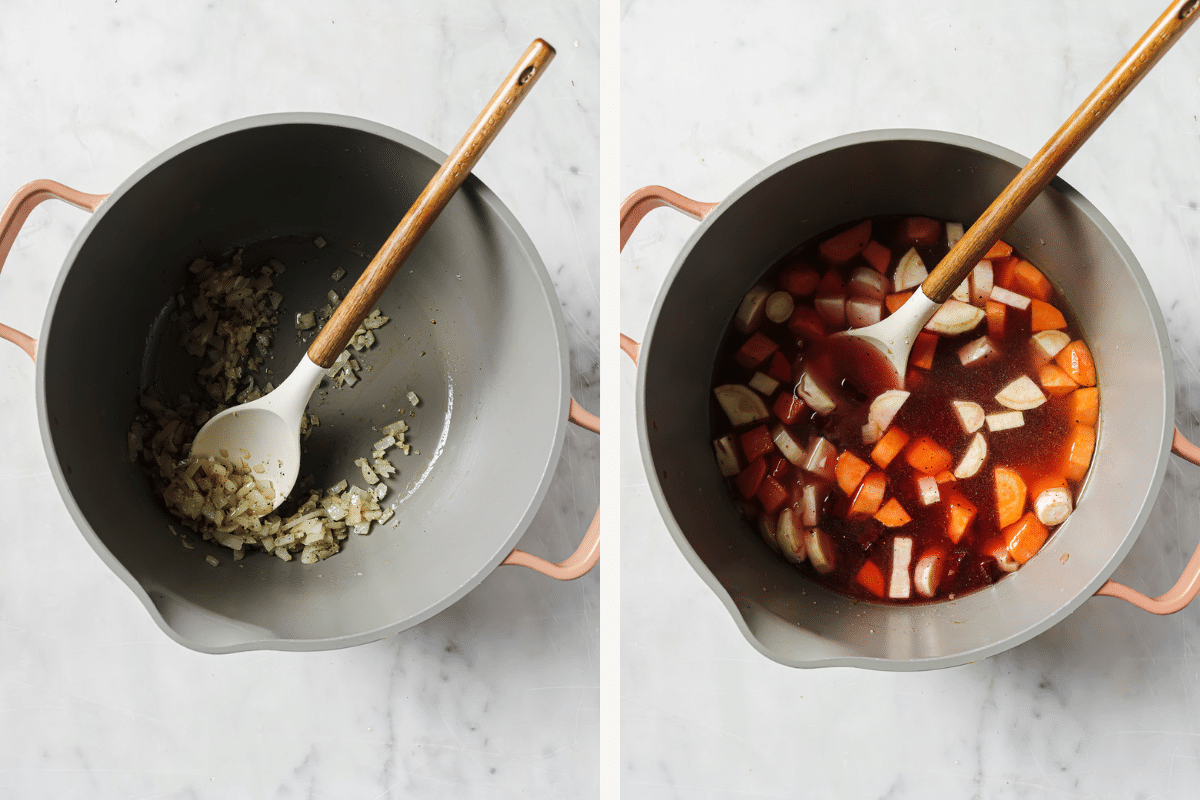 Left: onions and garlic in a pot. Right: soup ingredients added to the pot.