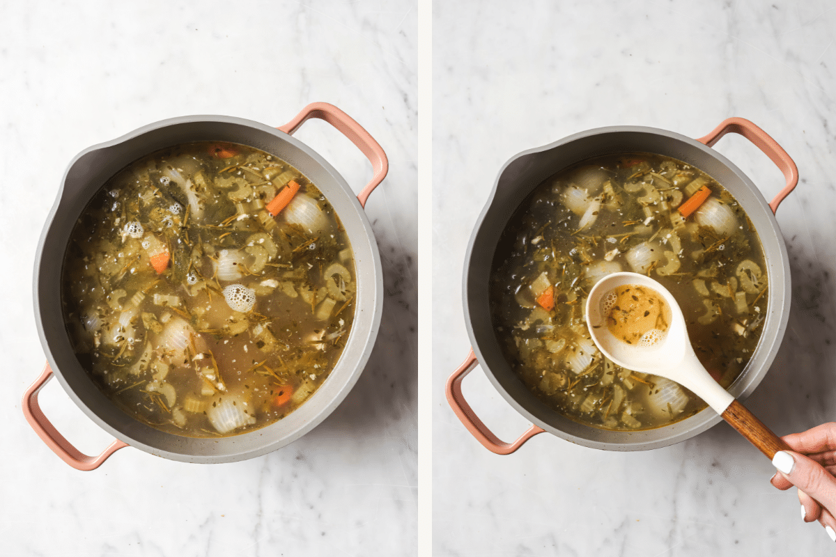 Left: Cooked ingredients in a pot. Right: A spoon skimming foam from the broth.