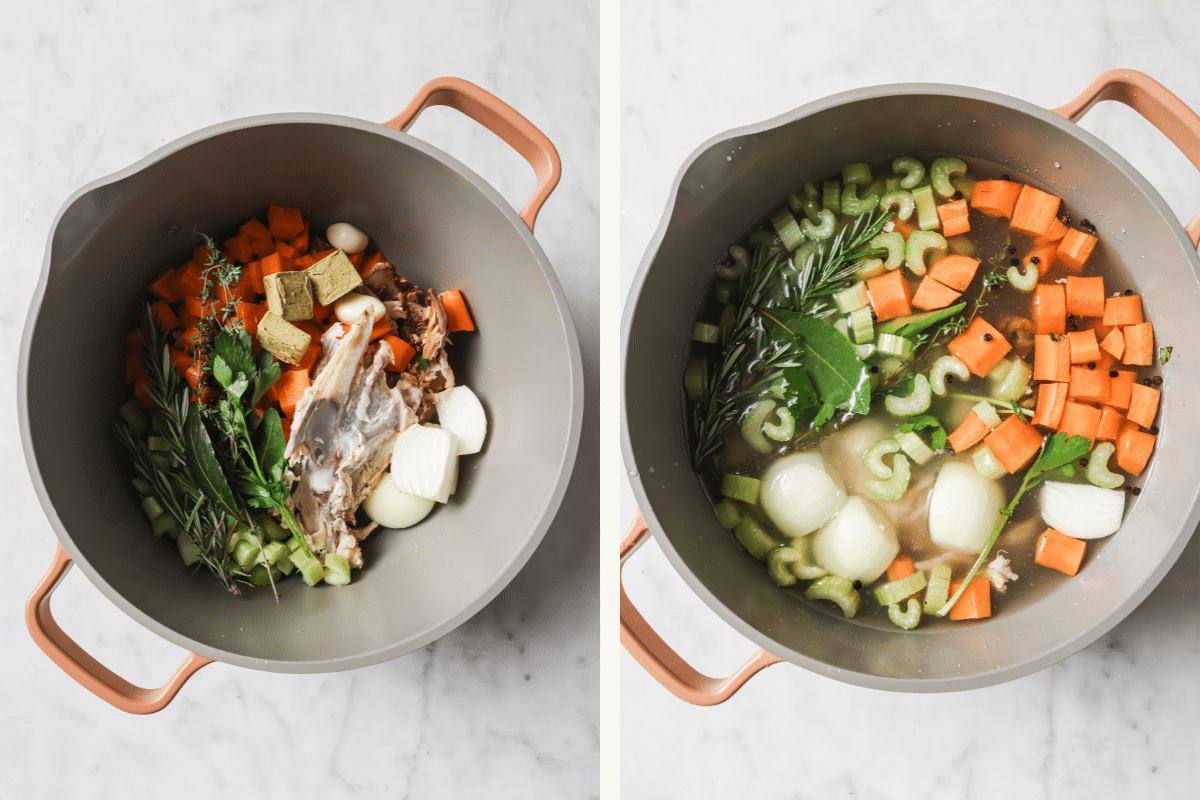 Left: Ingredients in a large pot. Right: Water added to the pot.