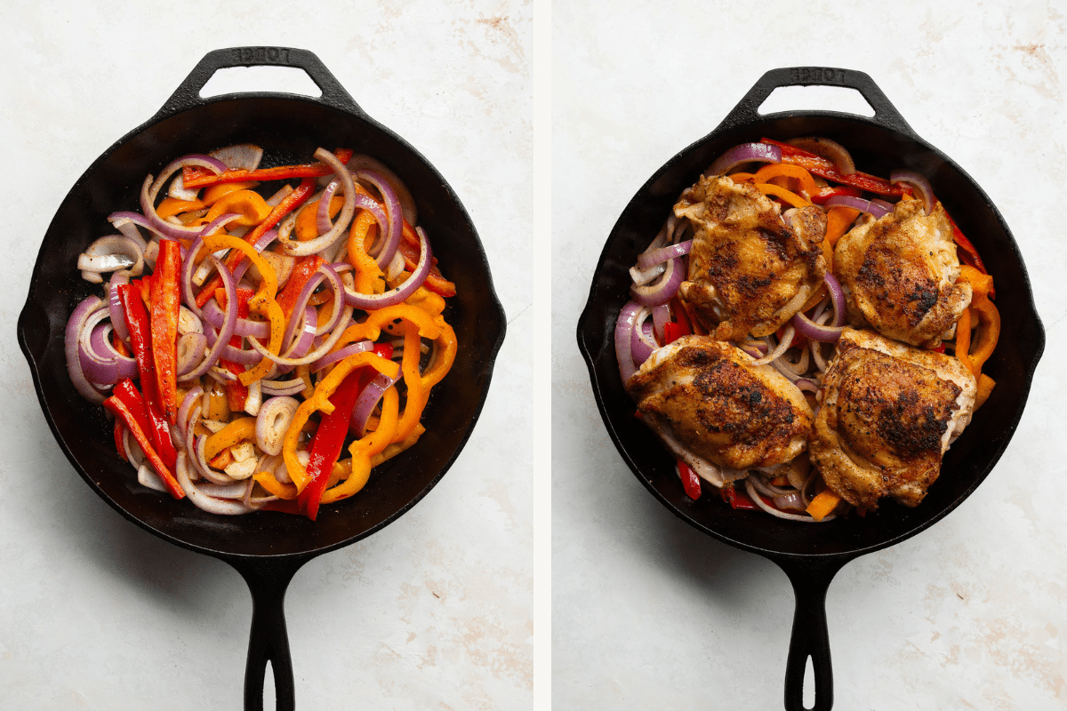 left: bell pepper and red onions in a cast iron skillet. right: cooked bell pepper, red onions and chicken thighs in a cast iron skillet.