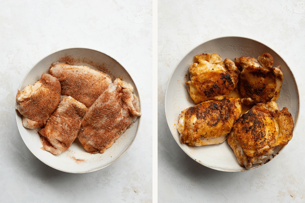 left: raw chicken thighs seasoned inside of a white plate. Left: cooked chicken thighs inside of a white bowl. 