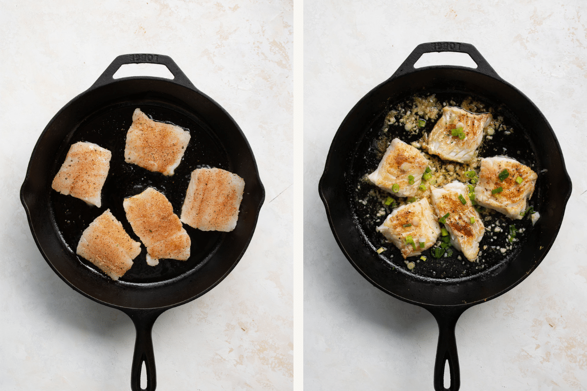 left photo: seasoned cod fish in a cast iron. right photo: cod fish in garlic butter sauce in a cast iron.