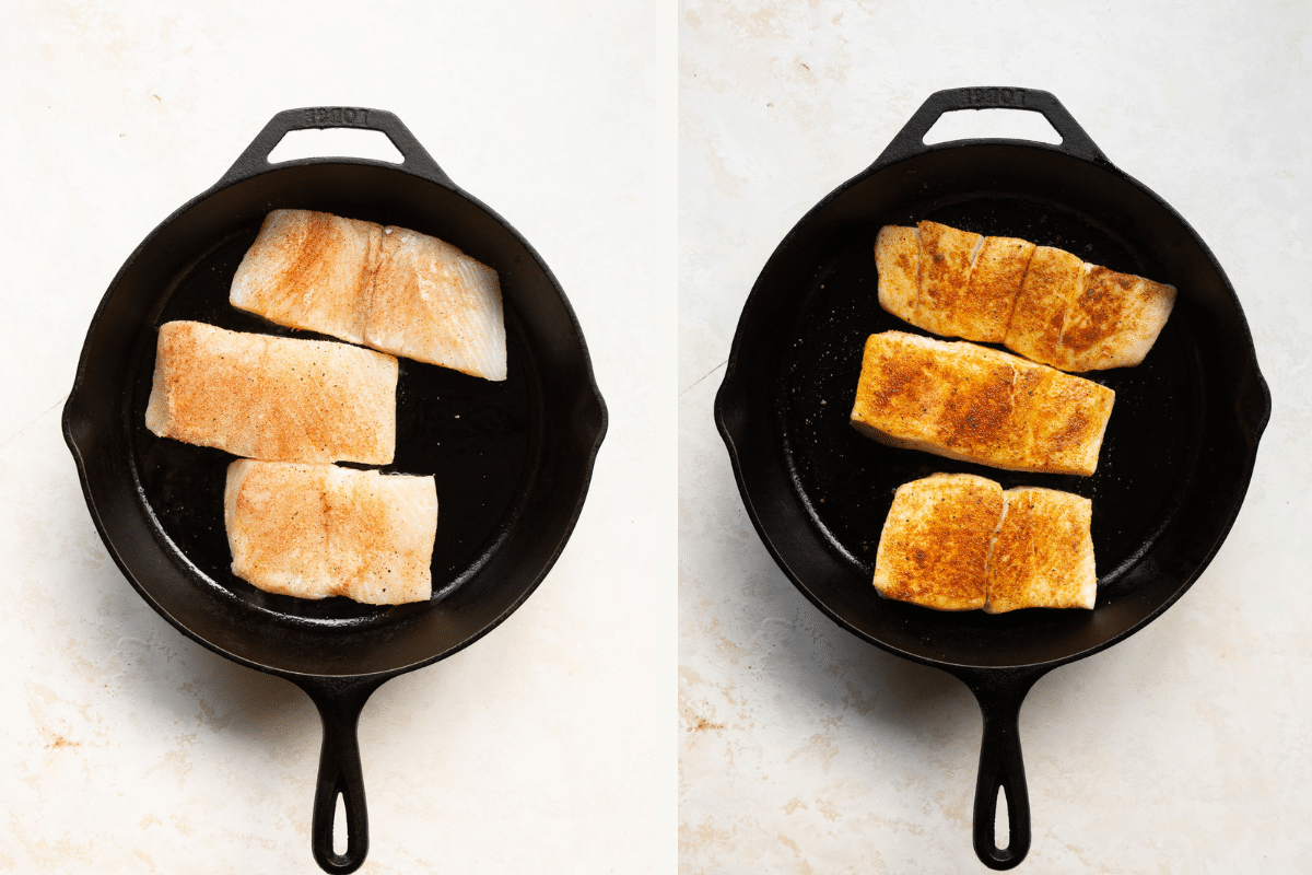left: raw halibut fillets in a cast iron skillet. right: cooked halibut fillets in a cast iron skillet. 