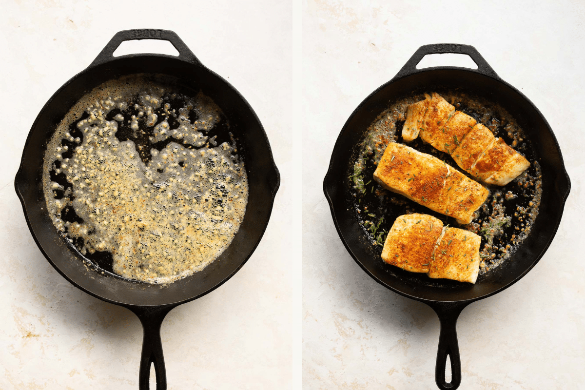 left: garlic butter in a cast iron skillet. right: cooked halibut fillets in a cast iron skillet. 