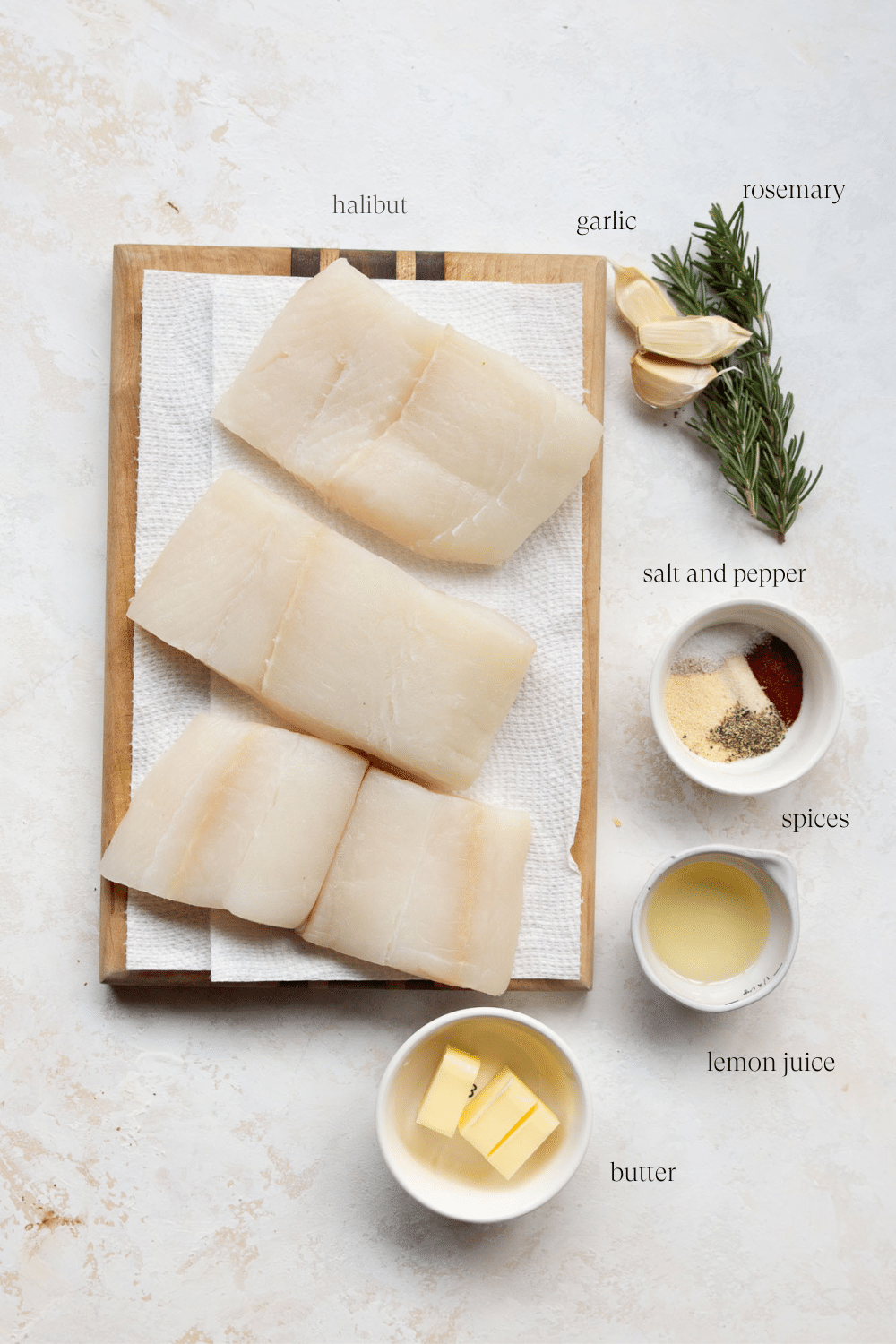 Overhead view of ingredients to make Halibut Recipe.