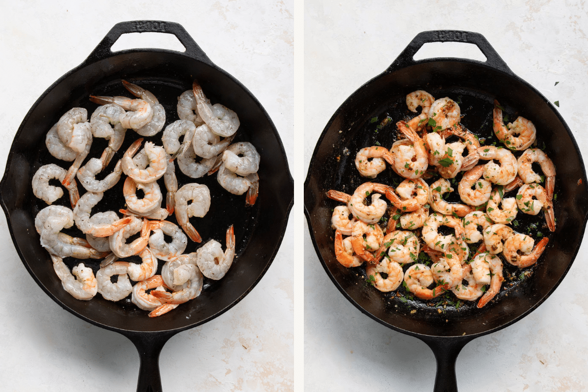 left: raw shrimp in a cast iron skillet. right: cooked shrimp in a cast iron skillet. 