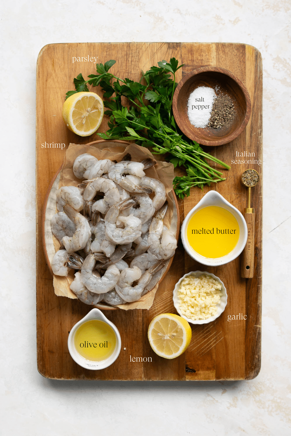 overhead view ingredients to make garlic butter shrimp. 